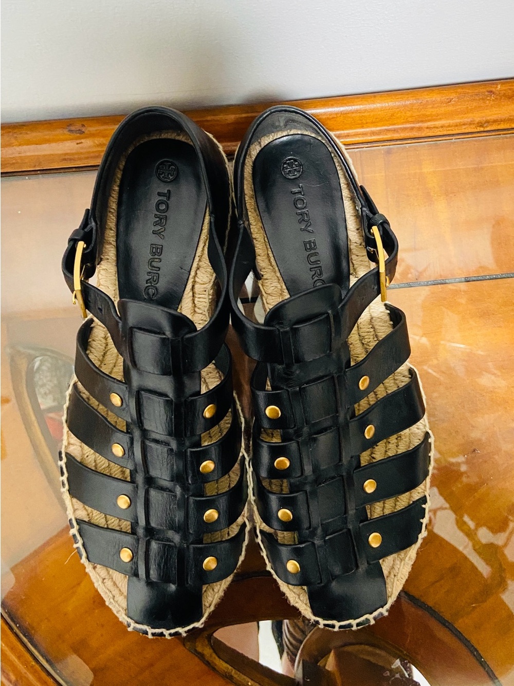 Tory Burch Black Leather Platform Espadrille Sandals with Gold Studs. Size 8